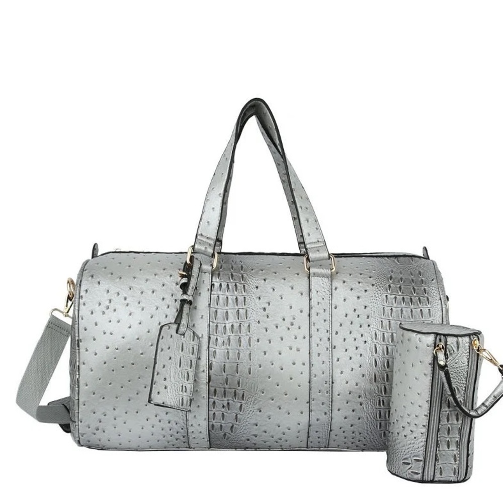 Silver Faux Ostrich Croc Leather Duffel Bag